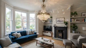 Ornate pendant lighting fitted in a Victorian terraced house living room with high ceilings.