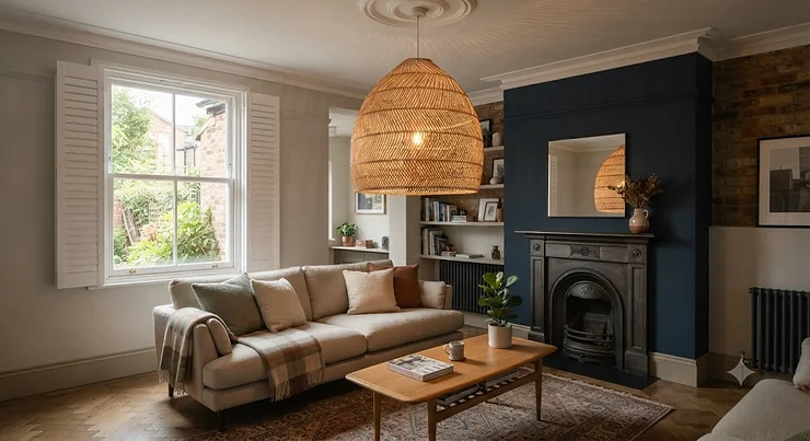 A stylish living room featuring a large natural rattan pendant light hanging over a neutral sofa, creating a warm and cosy UK interior design look. rattan pendant lights
