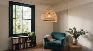Large woven rattan lampshade delivering bohemian statement lighting under £200 for a boho-chic interior