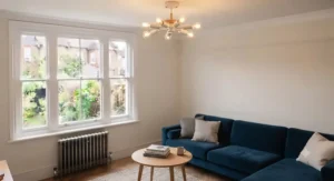 Scandi-style minimalist small chandelier complementing neutral wood tones in a modern lounge.