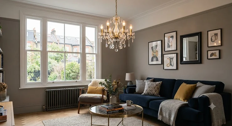 Elegant small chandelier hanging in a stylish British living room featuring neutral grey walls and contemporary furniture. small chandeliers for living room
