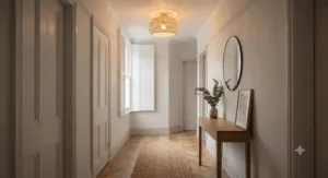 A bright hallway illuminated by a compact flush-fit rattan pendant light, perfect for narrow British Victorian hallways.