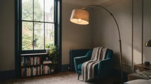 An arching brass floor lamp used as statement lighting under £200 next to a velvet armchair in a flat