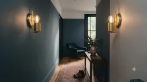 Brushed gold wall sconces offering stylish statement lighting under £200 in a hallway interior