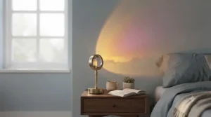 A trendy sunset projection lamp casting a warm golden hour glow across a stylish bedroom wall.