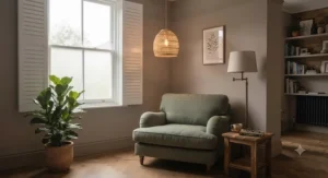 A Scandi-inspired reading corner styled with a floor plant, an armchair, and a basket-style rattan pendant light overhead.