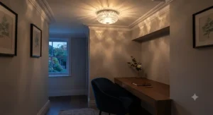 Crystal flush ceiling lights casting intricate light patterns across the ceiling and walls of a stylish home study