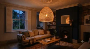A rattan ceiling light switched on in the evening, casting ambient, patterned shadows across a painted feature wall.