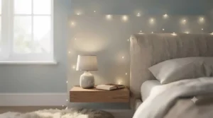 Warm white fairy lights draped elegantly along a bedroom headboard for a cozy, budget-friendly decorative glow.