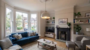 Large crystal chandelier glowing with warm white illumination over a cosy family sitting room.