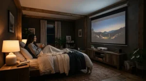 Bedroom projection setup enhanced with soft ambient lighting for movie nights on the ceiling.
