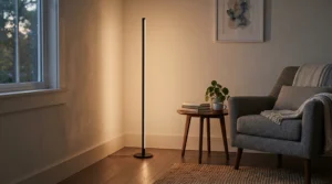 Dimmable accent ambient lighting for movie nights creating a relaxing atmosphere in the room corner.