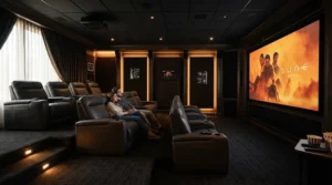 Dedicated home cinema room utilizing bespoke ambient lighting for movie nights behind acoustic panels.