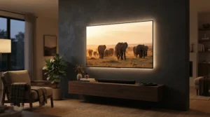 Immersive ambient lighting for movie nights using LED bias strips mounted behind a flat-screen television.