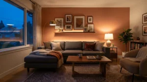 Cosy living room featuring ambient lighting for movie nights casting a warm glow behind the sofa.