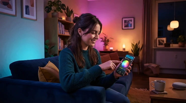 Smart ambient lighting for movie nights showing vibrant colour changes controlled via a mobile phone.