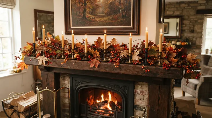 Seasonal autumnal decorating featuring candle holders for mantelpiece with dried eucalyptus