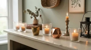 Brass and glass candle holders for mantelpiece arrangement reflecting warm living room light
