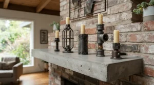 Contemporary concrete and metal candle holders for mantelpiece in a modern city apartment