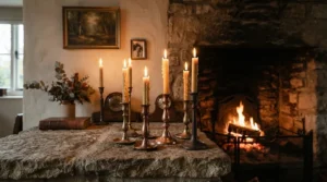 Tall brass pillar candle holders for mantelpiece styling on a traditional Georgian fireplace