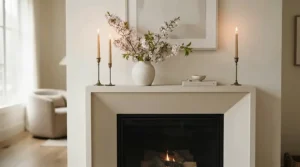 Spring floral styling with minimalist candle holders for mantelpiece in a bright townhouse