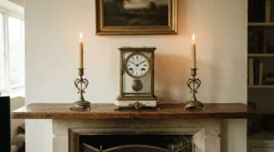 Symmetrical styling of candle holders for mantelpiece display above a Victorian cast iron grate