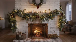 Festive winter garland paired with candle holders for mantelpiece during the Christmas holidays
