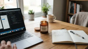 Desk friendly candles under £20 creating a calm workspace environment