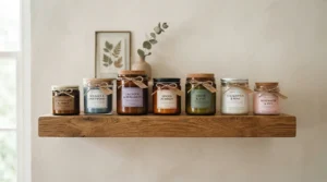 Decorative jar candles under £20 styled on a wooden living room shelf