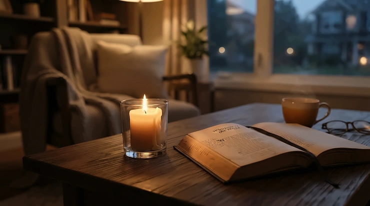 Long burning container candles under £20 glowing on a coffee table