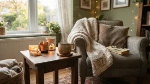 A cozy living room styled with warm glowing candle gift sets for chilly nights