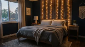 Cosy bedroom featuring curtain fairy lights draped behind a fabric headboard for a dreamy photo-worthy decor look
