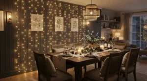 Dining room wall adorned with curtain fairy lights to set the mood for a dinner party with friends