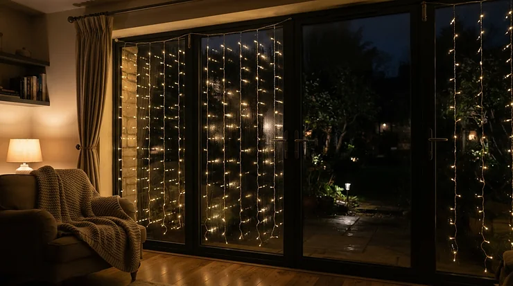 Festive curtain fairy lights framing patio doors to brighten up a long British winter evening