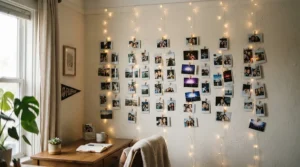 Aesthetic teen bedroom styled with curtain fairy lights and polaroid photos for a trendy look