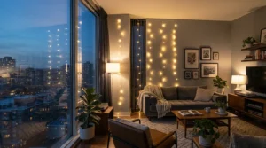 Curtain fairy lights automatically turning on at dusk via an integrated timer function in a modern flat