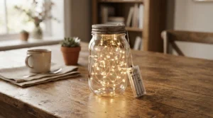 Battery fairy lights under £15 placed inside a glass jar as a decorative table centrepiece