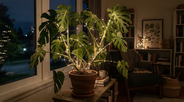 Fairy lights under £15 wrapped around a large indoor houseplant for charming seasonal decor