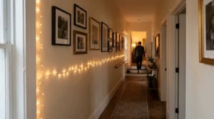A long string light length under £15 illuminating a narrow hallway for affordable indoor decorating