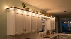 Plug-in fairy lights under £15 mounted above kitchen cabinets for bright domestic styling