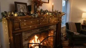 Plug-in fairy lights under £15 hung along a fireplace mantelpiece for traditional living room styling