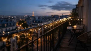 An extended string light length under £15 wrapped around a small apartment balcony railing