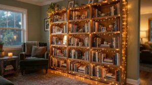 Warm white fairy lights under £15 draped along a cosy living room bookshelf for indoor decorating