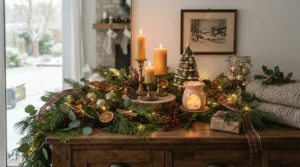 Festive seasonal occasion gifting candle gift sets decorated with pine foliage