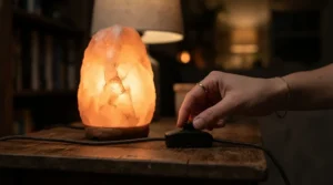 Close-up of a Himalayan salt lamp gift set showing the adjustable rotary dimmer dial in use