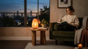 Dimmable ambience created by a Himalayan salt lamp gift set in a dimly lit contemporary room
