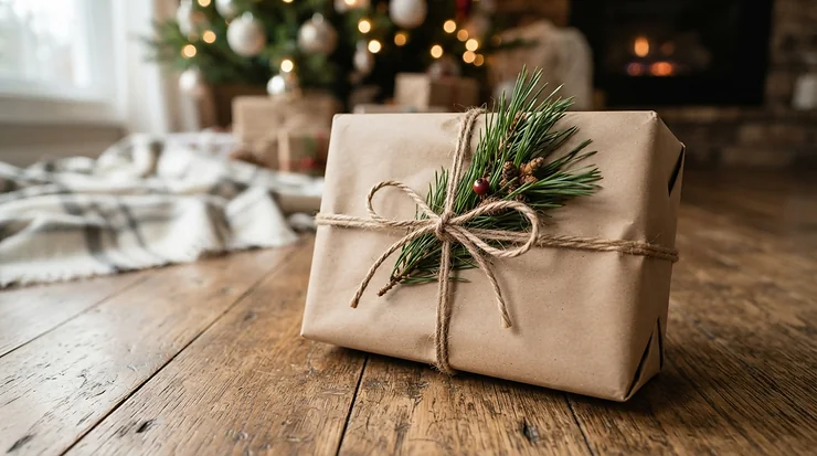 A beautifully presented Himalayan salt lamp gift set wrapped in brown paper and twine for winter giving
