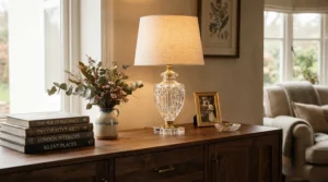 Natural home decor styling featuring a large Himalayan salt lamp gift set on a sideboard
