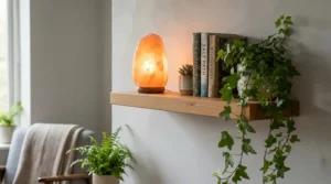 A stylish Himalayan salt lamp gift set displayed on a floating bookshelf amongst house plants