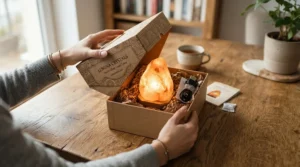 An unboxed Himalayan salt lamp gift set sitting on a wooden coffee table in a cosy living room